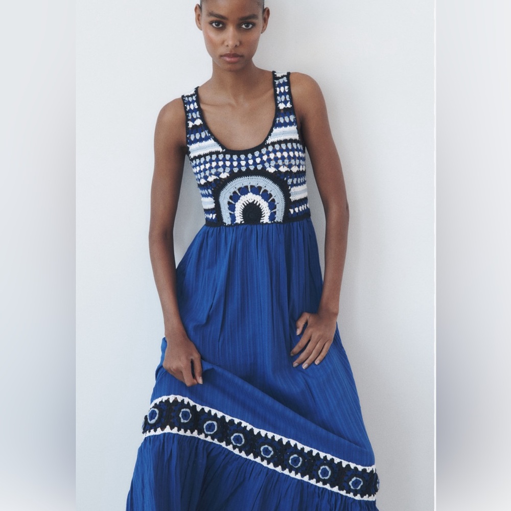 Zara Blue and White Embroidered Maxi Dress